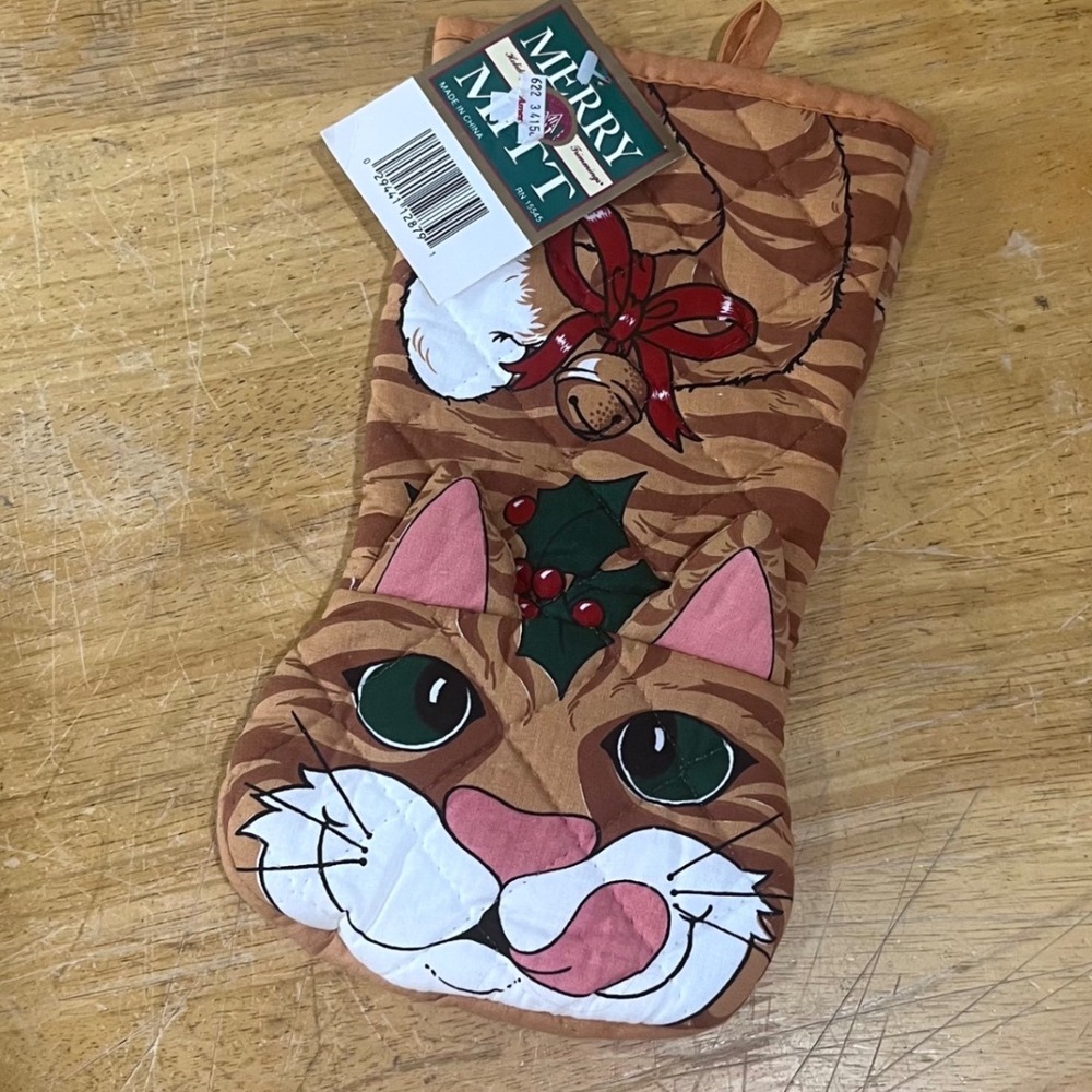 Vtg Merry Mint Christmas Orange Tabby Cat Oven Mitt Holiday Trimmings NWT Kitsch